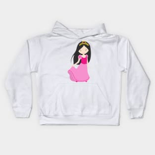 Cute Princess, Crown, Black Hair, Pink Dress Kids Hoodie